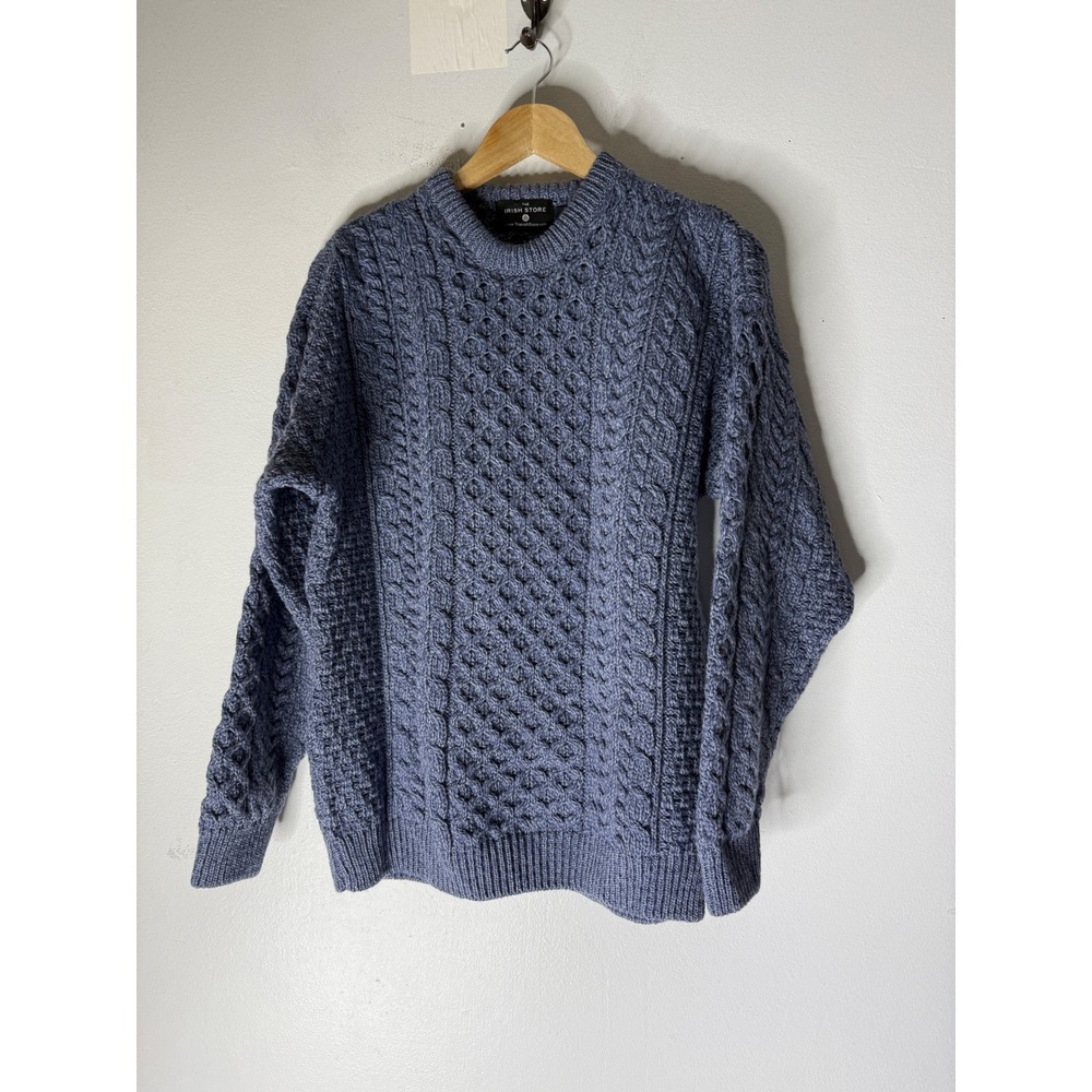 The Irish Store Mens Merino Wool Aran Knit Sweater Blue Cable Crewneck Pullover